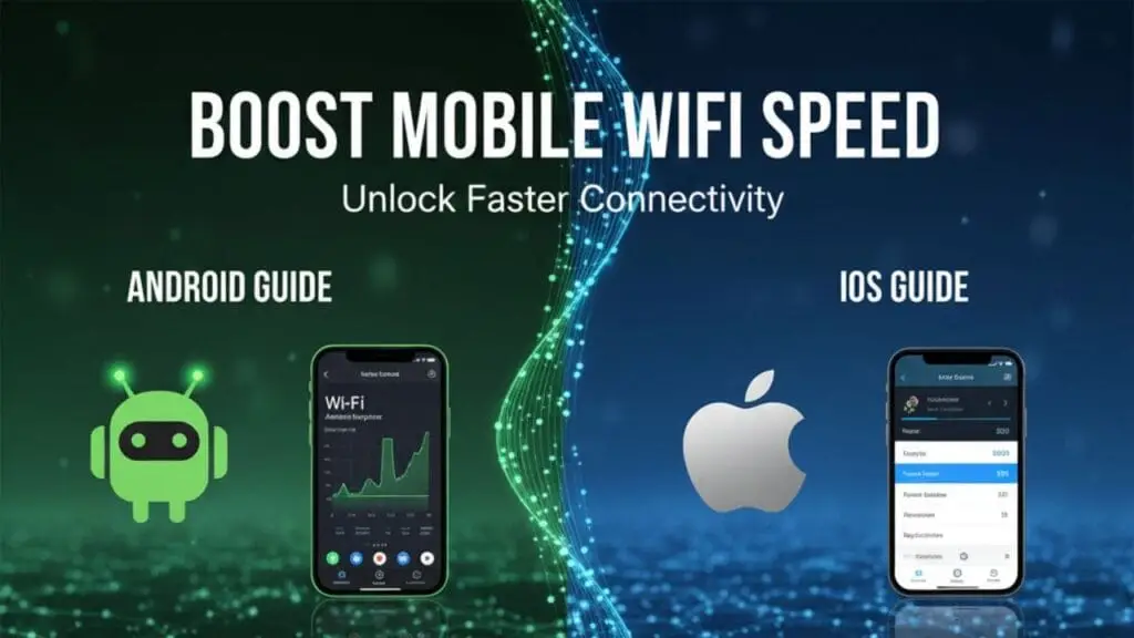 A graphic or screenshot detailing step-by-step instructions for improving and boosting WiFi speed connection on both Android and iOS smartphones.