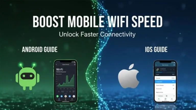 A graphic or screenshot detailing step-by-step instructions for improving and boosting WiFi speed connection on both Android and iOS smartphones.