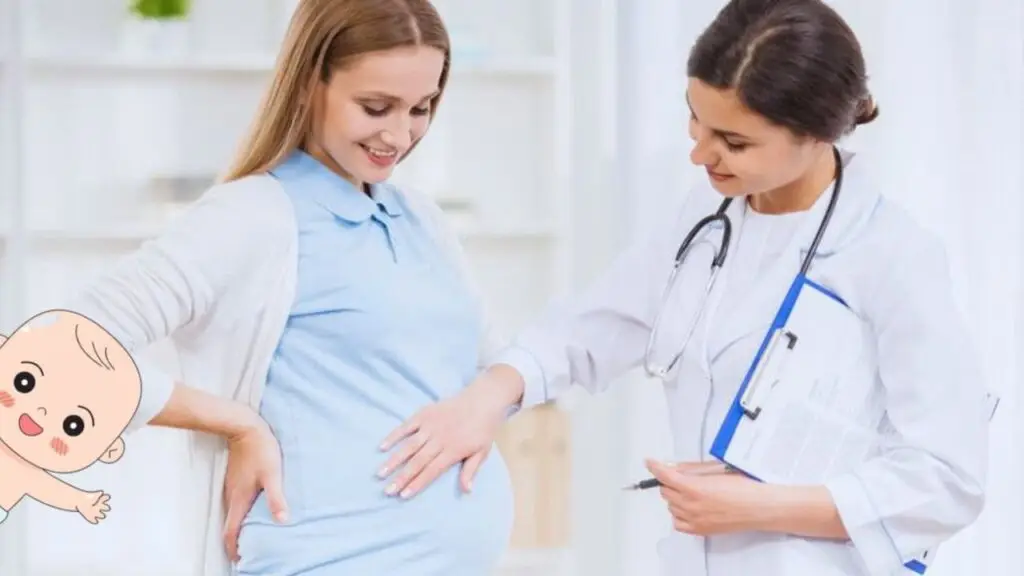 Pregnant woman doing light yoga in first trimester, safe exercises to maintain health and learn how to care pregnancy from day one.