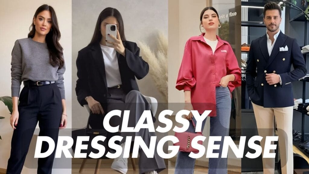 A group of stylishly dressed people in a modern city setting, showcasing classy dressing sense tips for men and women in 2026.