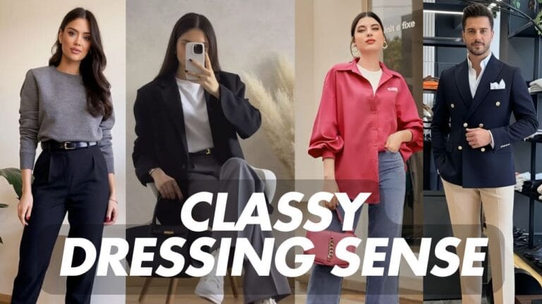 A group of stylishly dressed people in a modern city setting, showcasing classy dressing sense tips for men and women in 2026.