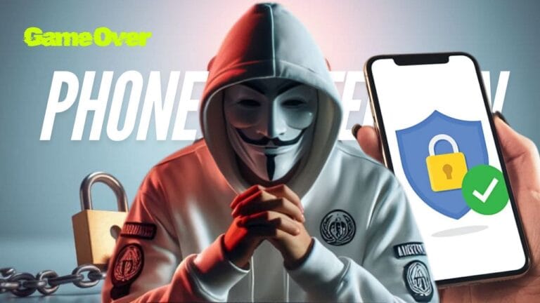 A high-tech smartphone displaying a secure shield and biometric lock to show how to protect phone from hackers in 2026 with a hacker in the background.
