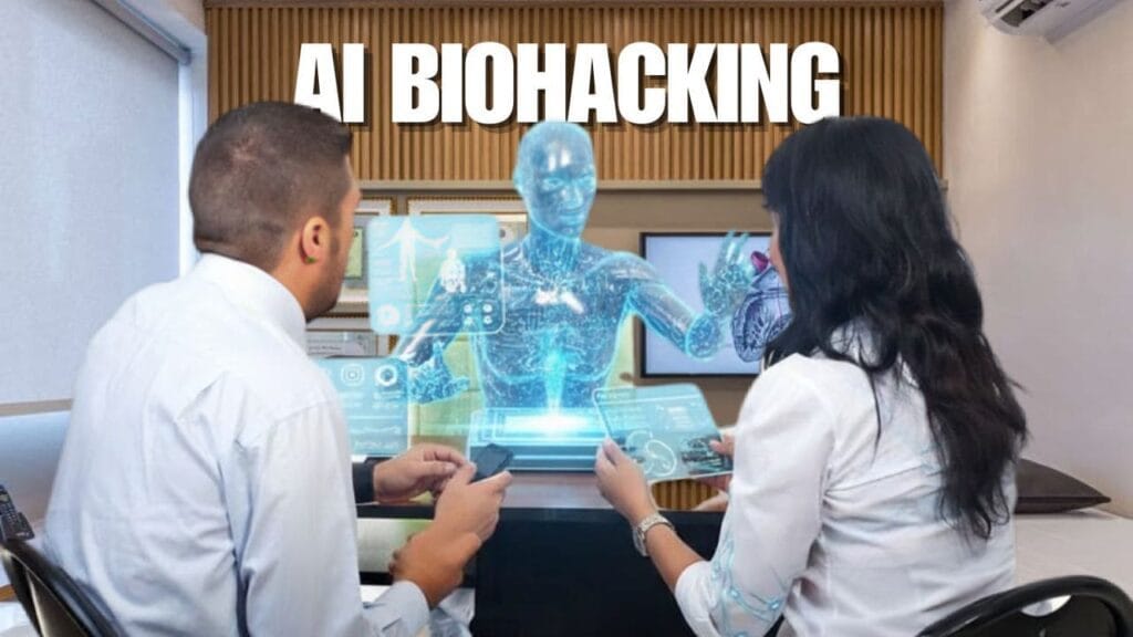 Futuristic interface displaying AI biohacking to optimize your health through a digital twin model.
