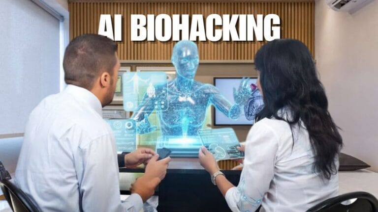 Futuristic interface displaying AI biohacking to optimize your health through a digital twin model.
